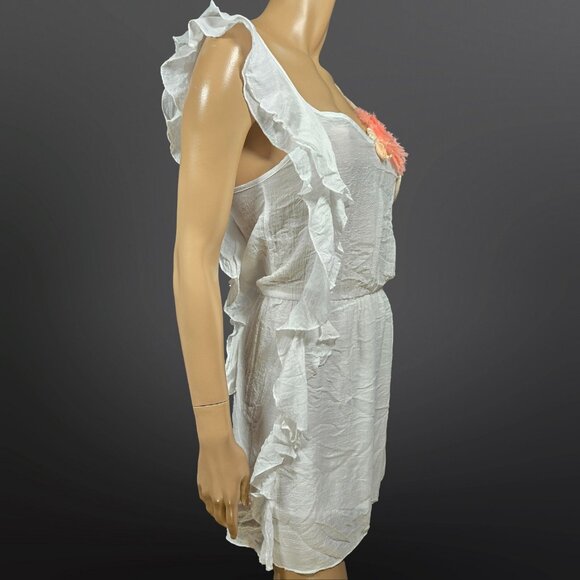 Y2K White Sleeveless Mini Dress Ruffled Pink Rosette Size s Fairy Boho Festival - Picture 5 of 9